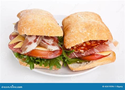 Ciabatta Sandwiches with Various Meats Stock Photo - Image of meat ...