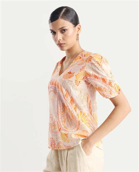 Rareism Women's Vigeveno Light Multi Puff Sleeves Paisley Print V-Neck Top