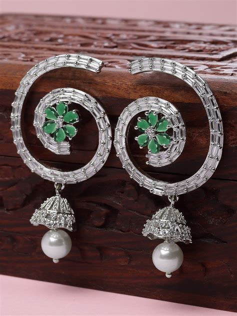 Karatcart Designer Silver Plated Green American Diamond Dangler Earrin