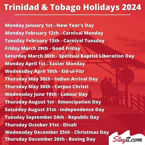 Trinidad & Tobago 2024 & 2025 Holiday Dates - StayTT.com