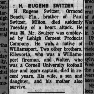 H. EUGENE Switzer obit, The Daily Item (Sunbury PA) Fri., Nov. 28, 1958 ...