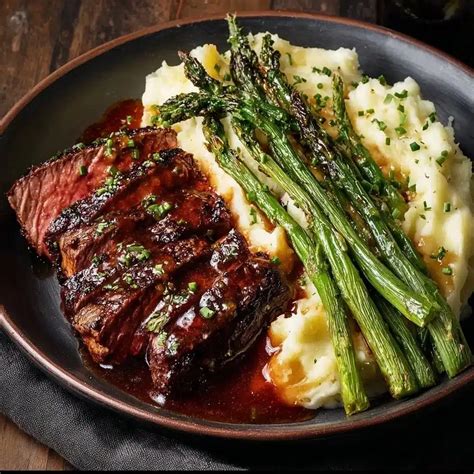 Easy Gourmet Steak with Mashed Potatoes and Asparagus