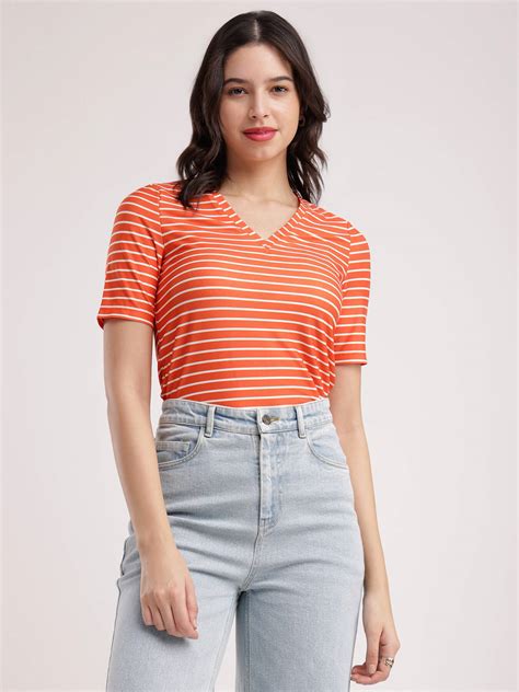 Buy Orange And White Striped Knitted T-Shirt Online | FableStreet