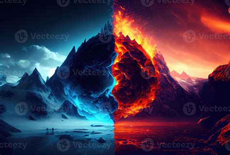 Half fire and half ice mountains with the sky background. Metaphor and ...
