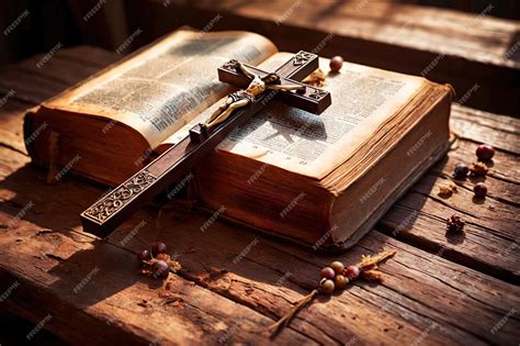 Premium Photo | Religious scene with old holy bible and cross crucifix ...