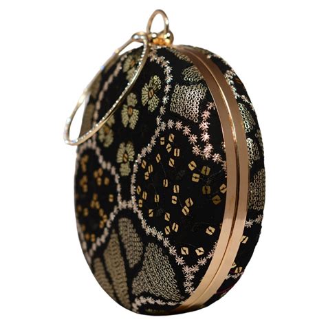 Black And Golden Round Embroidery Clutch - Artklim