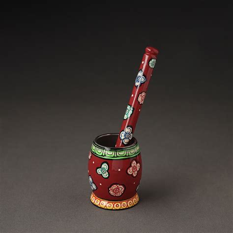 Red Odisha Pattachitra Handpainted Stainless Steel Mortar & Pestle