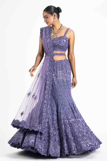 Buy Purple Net Embellished Sequin V Neck Fish-cut Lehenga Set For Women ...