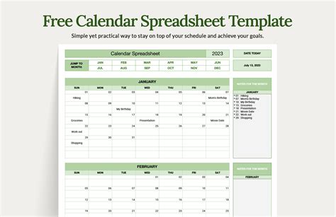 Calendar Spreadsheet Template in Excel, Google Sheets - Download ...