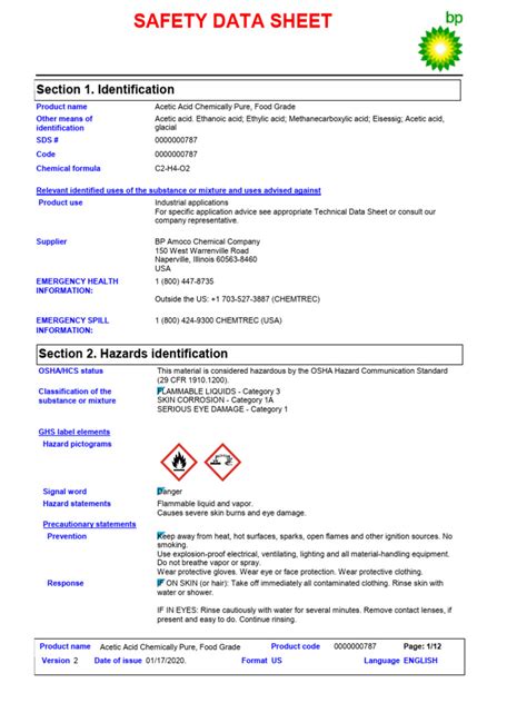 Safety Data Sheet Acetic Acid Food Grade | PDF | Personal Protective ...