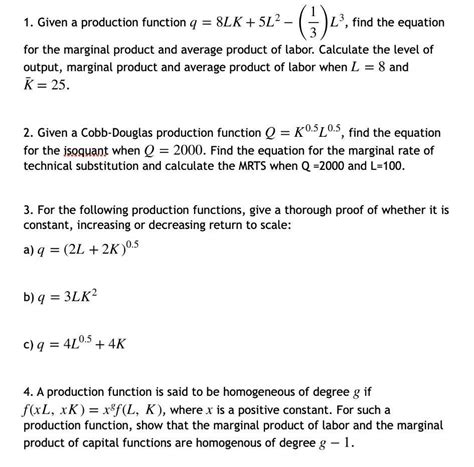 Compute marginal productivity of labour (l) at k = 1 and l = 2 for the ...