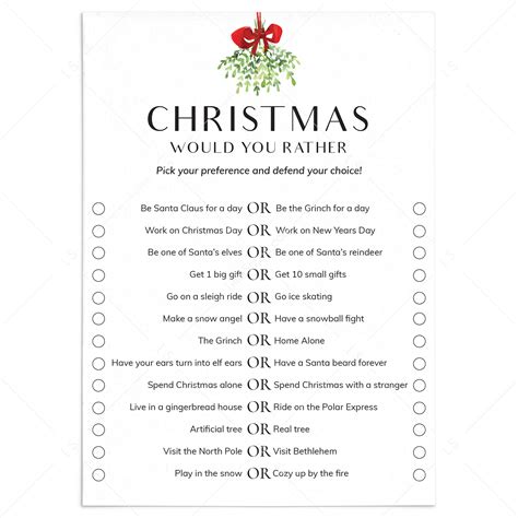 Would You Rather Christmas Questions Printable | Rossy Printable