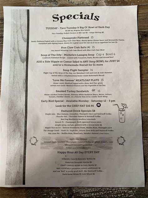 Menu at Hippie Hen House restaurant, Murrells Inlet, US-17 BUS