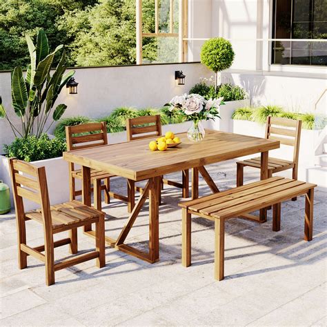 Loon Peak® Wood Outdoor Table With Chair And Bench For Patio, Balcony ...