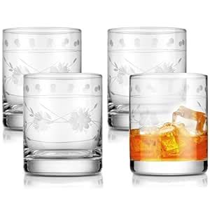 Royalrose Vintage Etched Double Old-Fashioned Glasses, 10-ounce, Set of 4, Whiskey Glasses ...