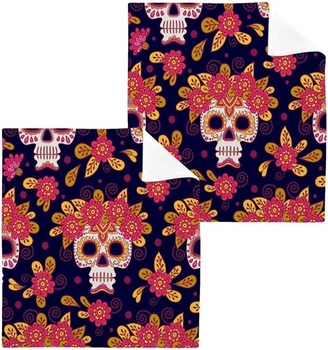Mexican Sugar Skull Washcloth 12x12in Set, 6 Pack Absorbent Cotton ...