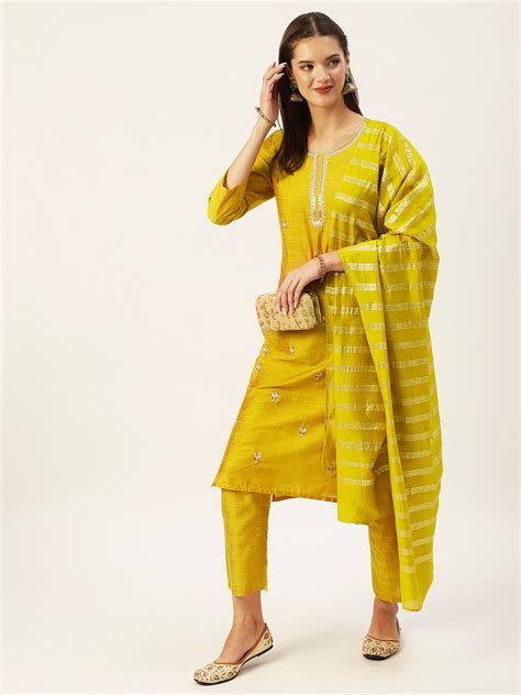Buy Ishin Women's Yellow Embroidered Straight Kurta with Trouser ...