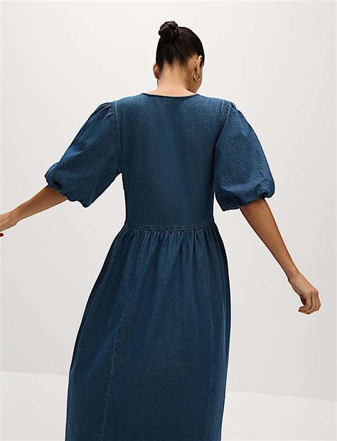 Buy Denim V-Neck Tie Detail Midi Waisted Dress at Marks & Spencer