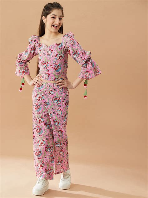 Buy Floral Printed Cotton Bell Sleeves Top with Trousers