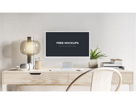 Frontal View Silver iMac 24-inch Free Mockup Set On Wooden Desk Template