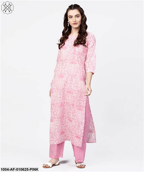 Women Pink Three-Quarter Sleeves Round Neck Straight Pure Cotton Kurta ...
