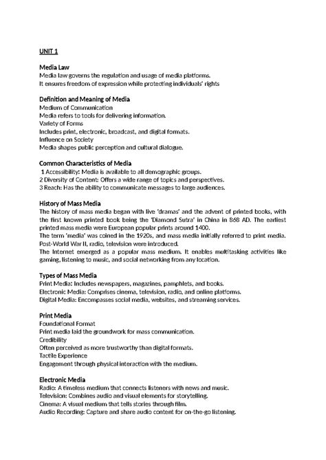 Media law - Notes - UNIT 1 Media Law Media law governs the regulation ...