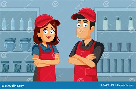 Supermarket Employees Working Together in a Grocery Store Vector Cartoon Illustration Stock ...