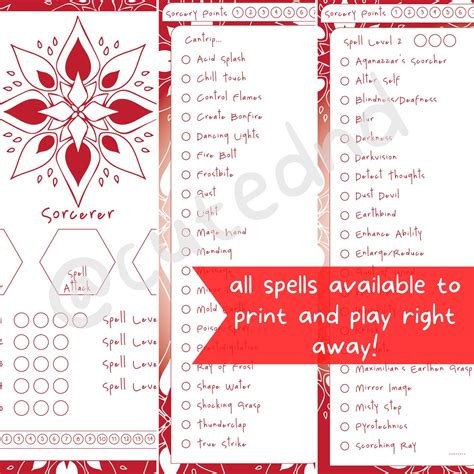Dnd Sorcerer Spelltracker Set All D&D 5e Sorcerer Spell Lists - Etsy