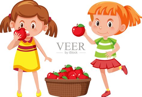 两个拿着红苹果的女孩插画图片素材_ID:427807985-Veer图库