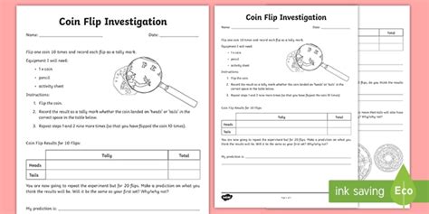 Coin Toss Probability Investigation Worksheet (teacher made)