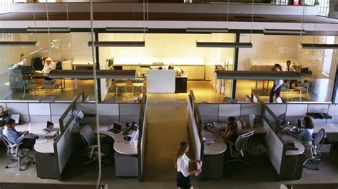 Elevated view of a busy open plan office.