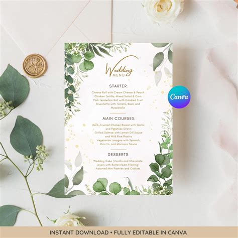 Buy Editable Wedding Menu Template - Greenery Floral Canva Menu ...