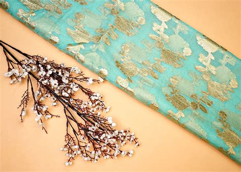 Ocean Blue Organza Fabric with Allover Floral Golden Thread Weave 1364