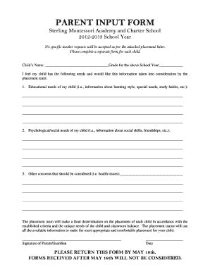 Fillable Online PARENT INPUT FORM - Sterling Montessori Academy Fax ...