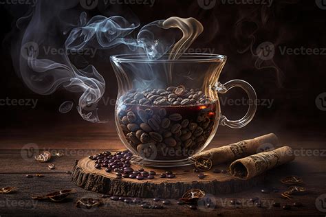 Cup glass of coffee with smoke and coffee beans on old wooden ...