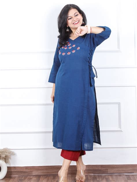 Kashish Dark Blue Mirror Neck with Thread Work Cotton Kurti ...