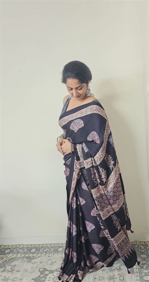 Ajrakh Modal saree (Black) – Fabric Fables