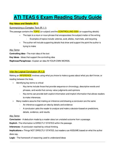 2022 -2023 ATI TEAS 6 Exam Reading Study Guide Complete Questions ...