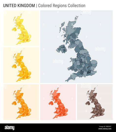 United Kingdom map collection. Country shape with colored regions. Blue Grey, Yellow, Amber ...