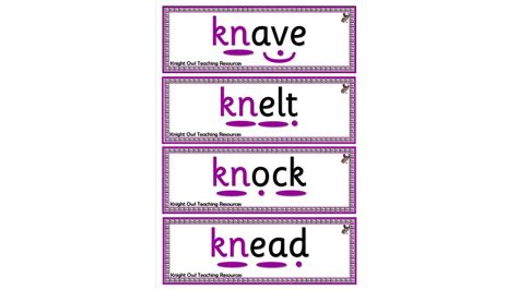 Words beginning with 'kn' word cards