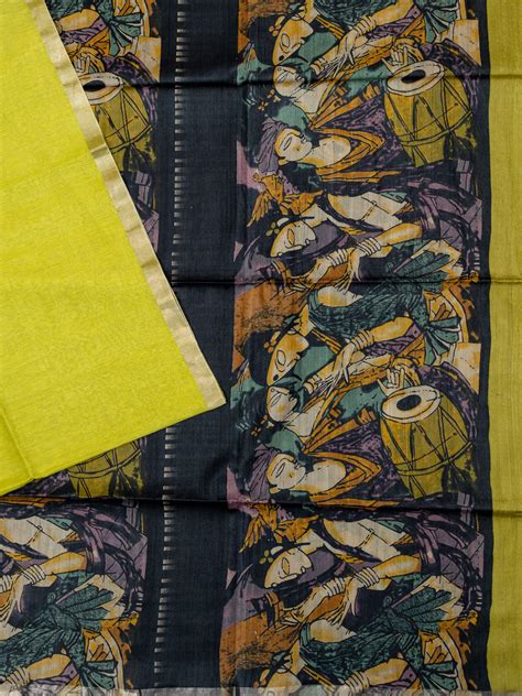 Fancy Tussar Silk Tussar Silk Printed Pallu And Blouse Olive Green ...