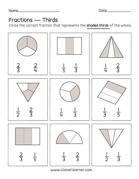 Fun activity on fractions, Thirds worksheets for children