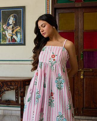 Handcrafted Cotton Midi Dress Striped Floral Print & Spaghetti Straps ...