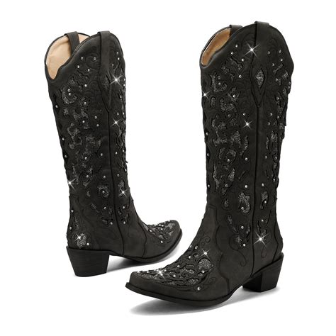 Western Cowboy Boots with Wide Calf Black Cowgirl Boots Women Sparkly ...