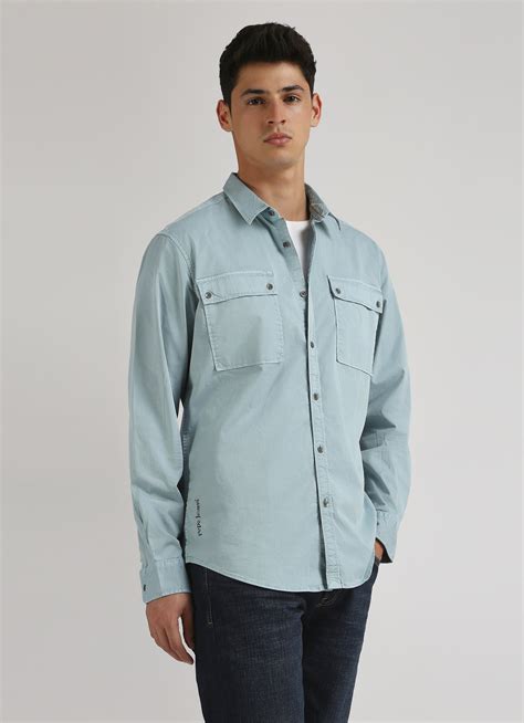Teal Twill Dual Pocket Long Sleeve Shirt | Pepe Jeans India