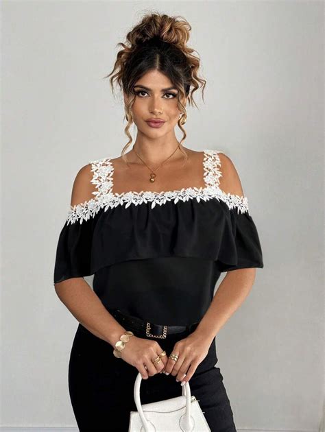 Elenzga Plus Size Women Embroidered Lace Trim Off Shoulder Ruffle ...