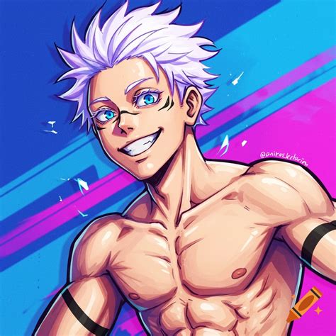 Anime guy with white hair, blue eyes, and muscular build on Craiyon