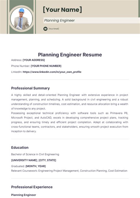 Free Planning Engineer Resume Template to Edit Online