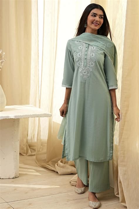 Buy Green Pure Cotton Embellished Straight Suit Set Online at Biba India