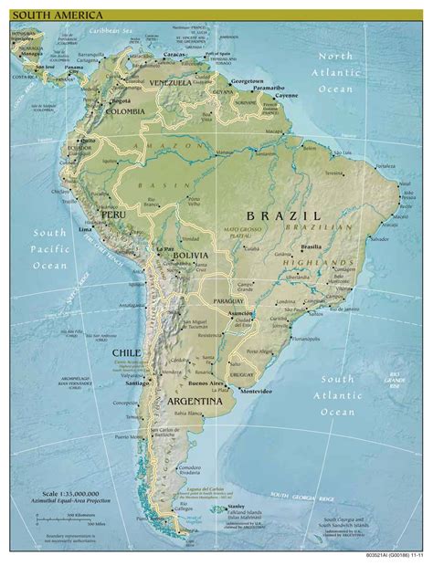 Large scale political map of South America with relief, major cities ...